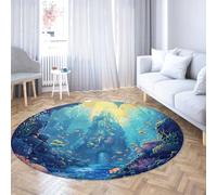 Via Vela Modern Circular Rugs 120cm Ocean Castle Tropical Fish Coral Reef Pattern Kitchen Floor Mat Easy Clean Stain Resistant Soft Large Foldable Non Slip Washable Round Carpet Dining Room Decor