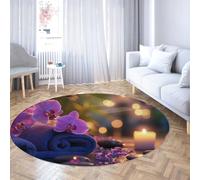 Via Vela Modern Round Rugs 150cm Romantic Candlelight Orchid Pattern Non Slip Washable Soft Low Pile Circular Carpet Entryway Mat for Outdoor Indoor