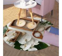 Via Vela Modern Round Rugs 160cm Candles Salt Stones White Orchids Pattern Non Slip Washable Throw Circle Carpet for Mudroom Apartment Home Office