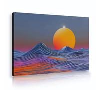 Via Vela Modern Sci Fi Canvas Wall Art Abstract Blue Mountain Painting Huge Orange Sun Desert Landscape Picture Poster for Game Room Living Room Studio Decor 50x75cm