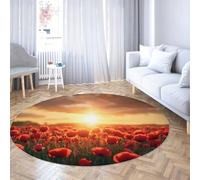 Via Vela Modern Style Round Rug 100cm Red Flower Fields in the Early Morning Non-slip Washable Large Throw Circle Carpet for Mudroom Apartment Home