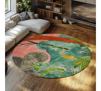 Via Vela Moroccan Garden Round Rugs 120cm Periwinkles Print Washable Non-slip Low-Pile Foldable Thin Circle Carpet for Home Bedroom Sofa Dining Room