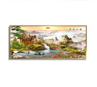 Via Vela Mountain Sunset Landscape Canvas Wall Art Chinese Traditional Nature Prints Large Mural Pictures Painting for Living Room Decor 30x76cm With Gold Frame