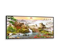 Via Vela Mountain Sunset Landscape Canvas Wall Art Chinese Traditional Nature Prints Large Mural Pictures Painting for Living Room Decor 30x76cm with Black Frame