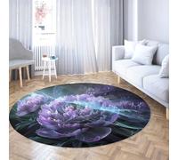 Via Vela Mysterious Style Washable Round Rugs 150cm Purple Lotus Flower Pattern Non-slip Big Circle Carpet for Study Room Dining Room Balcony Home