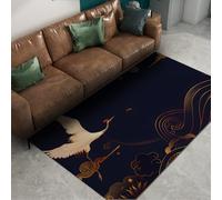 Via Vela Navy Blue Rug White Cranes Gold Clouds Wave Pattern Rugs Japanese Ukiyo-E Machine Washable Rugs for Living Room Bedroom Non Slip Backing Fluffy Low Pile Home Decor Carpet Retro Rug 160x200cm