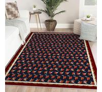 Via Vela Navy Blue Rugs Plant Washable Outdoor Rug for Living Room Orange and White Lily Pattern Non Slip Backing Entryway Rugs for Bedroom Thin Low Pile Rug Vintage Large Home Decor Carpet 140x200cm