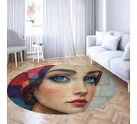 Via Vela Portrait Round Rug 100cm Beautiful Girl Side Face Print Washable Non-slip Low Pile Foldable Non Shedding Throw Circle Carpet for Bedroom
