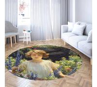 Via Vela Portrait Round Rugs 160cm Beautiful Girl in the Garden Washable Non-Slip Low-Pile Foldable Thin Circle Carpet for Home Bedroom Dining Room