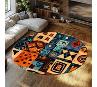 Via Vela Primitive Round Rugs 200cm Non Slip Carpet African Folk Art Washable Circular Rugs Geometric Thin Throw Mat Living Room Foldable Rug Ethnic Stain Resistant Floor Mat Low Pile Rug Nursery