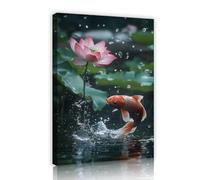 Via Vela Realistic Koi Fish Canvas Wall Art Jumping Carp Photography Print Oriental Zen Nature Artwork for Bedroom Living Room Meditation Office 70x110cm