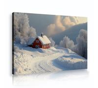 Via Vela Red Cabin Canvas Prints Winter Snowy Road Wall Art Frosted Trees Framed Picture Mountain House Nature Poster for Lounge Studio Kitchen Decor 70x110cm