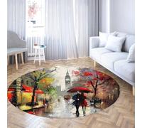 Via Vela Romantic Round Rugs 180cm Entryway London Red Umbrella Non Slip Circular Rugs Large Carpet Rug Foldable Rug Low Pile Thin Washable Stain Resistant Oil Painting Style Throw Mat Bedroom