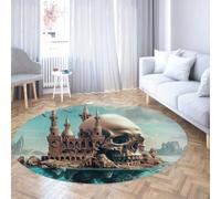 Via Vela Round Rug 150cm Gothic Skull Circle Carpet Ancient Castle Skeleton Floor Mat Non Slip Thin Low Pile Room Decor for Living Room Bedroom Study Room