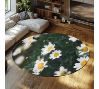 Via Vela Rustic Garden Style Round Rugs 100cm White Daisy Flower Pattern Non Slip Washable Low Pile Circular Carpet Entryway Mat for Outdoor Indoor