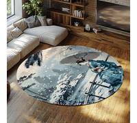 Via Vela Rustic Round Rug 100cm Japanese Geisha Kimono Snow Pattern Living Room Floor Mat Non Slip Washable Soft Large Foldable Easy Clean Stain Resistant Circular Carpets Bedroom Entryway Decor