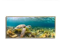 Via Vela Sea Turtle Canvas Wall Art Ocean Nature Prints Underwater Marine Life Painting Coral Water Plants Mural Posters for Living Room Decor 40x101cm With Gold Frame