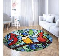 Via Vela Stained Glass Bird Circle Rug 150cm Living Room Cardinal Non Slip Machine Washable Carpet Easy Clean Rugs Bedroom Dining Room Home Office Floor Mat