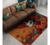 Via Vela Sugar Skull Carpet 90x180cm Day of the Dead Rug Low Pile Foldable Stain Resistant Floor Mat Sombrero Mexican Skeleton Pattern Retro Throw Rug for Living Room Bedroom Home Decor
