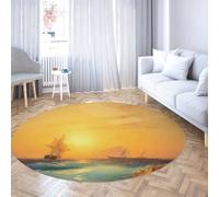 Via Vela Sunset Round Rugs 180cm Sailing Ship Non slip Nursery circular rugs Golden Machine washable Carpet Bedroom Large rug Office Foldable thin Nature Aesthetic throw mat Ocean rug