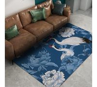 Via Vela Traditional Art Rugs for Guest Room Exotic Soft Rug Blue Peony Crane Pattern Low Pile Rugs Stain Resistant Non Slip Backing Floor Carpet for Bedroom Patio Aesthetic Decor Rugs 180x240cm