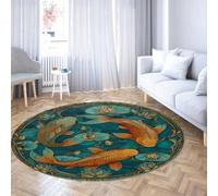 Via Vela Ukiyo-E Round Rugs 150cm Feng Shui Good Lucky Koi Fish Pattern Non Slip Washable Low Pile Thin Carpet for Living Room Bedroom Porch Dorm