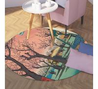 Via Vela Ukiyo-e Style Round Rug 160cm Plum Garden At Kamata Non-Slip Indoor Washable Large Throw Circle Carpet for Mudroom Apartment Home Nursery