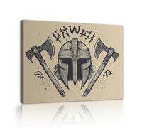 Via Vela Viking Rune Warrior Wall Art Nordic Mythology Style Canvas Prints Hand Drawn Axe Helmet Painting Minimalist Artwork for Studio Home Decor 70x90cm