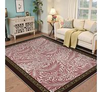 Via Vela Vintage Rug 90x150cm Botanical Thin Washable Bathroom Rugs Red Marigold Leaf Plant Pattern Stain Resistant Anti Slip Backing Rugs for Living Room Bedroom with Brown Border Carpet