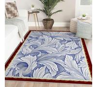 Via Vela Vintage Rugs 100x150cm For Living Room Classic Stain Resistant Neutral Washable Rugs for Dining Room Kitchen Blue and White Leaf Pattern Non-slip Rug Farmhouse Abstract Line Carpet