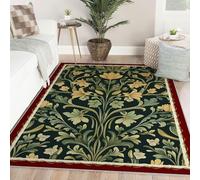 Via Vela Washable Rugs 100x150cm Retro Leaf Flower with Dark Red Border Carpet Green Botanical Art Nouveau Non Slip Indoor Mat Rug for Living Room Bedroom Dining Room Entryway Boho Rugs