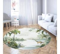 Via Vela Watercolor Style Washable Round Rug 150cm Primitive Jungle Dinosaurs Living Room Non-Slip Thin Carpet Indoor Floor Mats Low Pile for Entryway