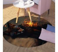 Via Vela Wildlife Style Round Rug 150cm Mysterious Burning Wolf Print Non-slip Indoor Washable Large Throw Circle Carpet for Mudroom Apartment Office