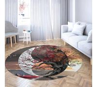 Via Vela Zen Round Rugs 180cm Tree of Life Yin Yang Circular Rugs Aesthetic Non Slip Foldable Carpet Oriental Rug Low Pile Thin Washable Stain Resistant Rug Bedroom Decor Cherry Blossom Throw Mat