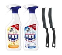 Viakal Limescale Remover Bathroom Descaler Spray Bundle - 2 x 500ml Powerful Hard Water Stain & Calcium Cleaner for Shower, Tiles, Taps & Glass - Classic & Vinegar Formula with Cleaning Brush Set