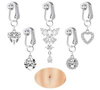 viallolipa 4/5Pcs Fake Belly Button Piercing Rings Clip on Belly Button Ring, Women Surgical Steel Belly Bars Fake Belly Piercing with Dangle Heart & Butterfly, Silver Pierc ing Jewllery for Women