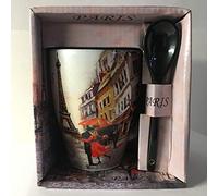 VIANAYA - Paris Eiffel Tower Mug and Other Landmarks of Paris - Lovers of Paris under an umbrella - Medium Size 10.5 cm with a Spoon - Satin Look
