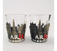 VIANAYA - Set of 2 Paris Eiffel Tower Glass and Metal Shot Glasses - All Les Monuments de Paris Theme - Height 6 cm