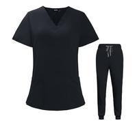 VIAOLI Scrubs for Women Set V-Neck Pocket Top & Drawstring Jogger Scrub Pants, Black, X-Large