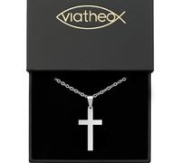 VIATHEO Christian Cross Necklace with Chain for Women & Men - Catholic Religious Jewelry in Silver - Christian Pendant Symbol of Faith - Baptism & Communion Gift Idea