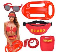 Vibbang 5Pcs Lifeguard Costume Set, Life Guard Costume Accessories Kit, Baywatch Costume, Include Hat Fanny Pack Whistle Inflatable Float Sunglasses, Halloween Fancy Dress for Pool Party Women Men