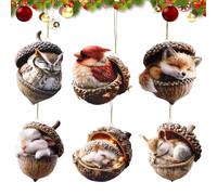 vibbang 6Pcs Forest Animal Acorn Ornaments, Forest Acorns Christmas Ornaments, Acrylic Christmas Tree Decorations,Cozy Lovely Sleeping Animal Hanging, Rustic Nature Themed Home Decor