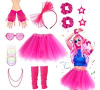 Vibbang 80s Fancy Dress for Women, 1980s Party Rainbow Costume Accessories Set, Pink Tutu Leg Warmers Fishnet Gloves Glasses Lace Bow Headband, Retro Theme Party Cosplay Costumes for Adults Women