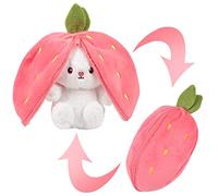 Vibbang Easter Plush Bunny Toy, Reversible Carrot Strawberry Pillow With Zipper, Cute Plushies Doll, Stuffed Animals Rabbit Muppet Toys for Boys Girls Kids Adults (Pink)