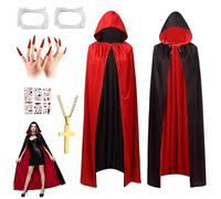 Vibbang Halloween Vampire Cloak Cape, Unisex Reversible Vampire Witch Cloak Capes, 140cm Black and Red Cape with Hood, Halloween Costumes Adults Vampire Set, for Costume Party Cosplay Props