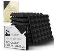 VibeVerse - 24 pack Self Adhesive Acoustic Foam Sound Absorption Panels, 12” x 12” x 2”, Black Pyramid of 6 lines Design, 35 Kg/m3 High Density for Recording Studio Walls, Streaming and Podcast Setup