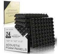 VibeVerse - 24 pack Self Adhesive Acoustic Foam Sound Absorption Panels, 12" x 12" x 2", Black Pyramid of 8 lines Design, 35 Kg/m3 High Density for Recording Studio Walls, Streaming and Podcast Setup