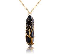 VIBILIA Healing Crystal Necklace Tree of Life Wire Wrapped Natural Stone Point Pendant Necklace Hexagonal Reiki Spiritual Quartz Gemstone Jewelry for Women Men, copper alloy, onyx,quartz,agate