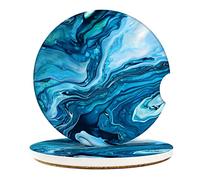 Vibiliyou 2 Pack Absorbent Car Coasters for Drinks,256" Ceramic Stone Coasters with Non-Scratch Cork Base,Cup Holders,Auto Accessories for Men & Women,Green Blue Marble Mix Paint