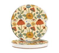Vibiliyou 2 Pack of Retro Mushrooms Car Coasters for Women,Retro CoastersBoho Groovy Floral Absorbent Ceramic Car Coasters with Finger Notch & Cork Base,Designed for Cup Holders,Anti-Slip Inserts